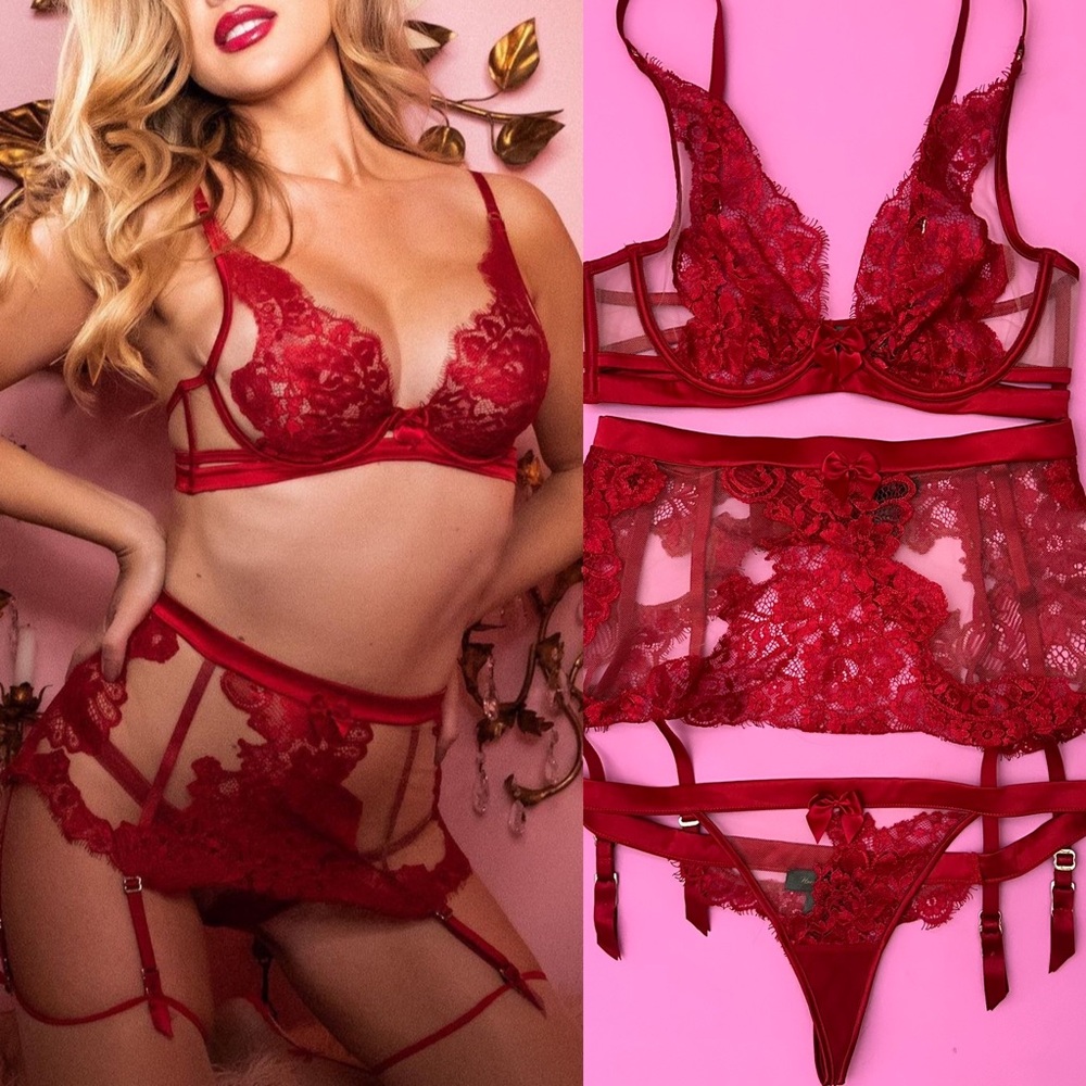 HONEY BIRDETTE RED Three Piece Lingerie Garter Set